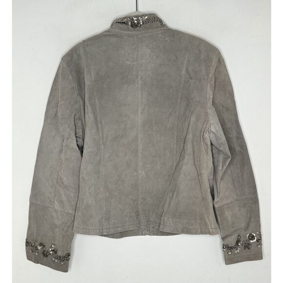 Pamela McCoy 100% Suede Leather Gray Beaded Sequin Zip Jacket Size Large - Picture 8 of 13